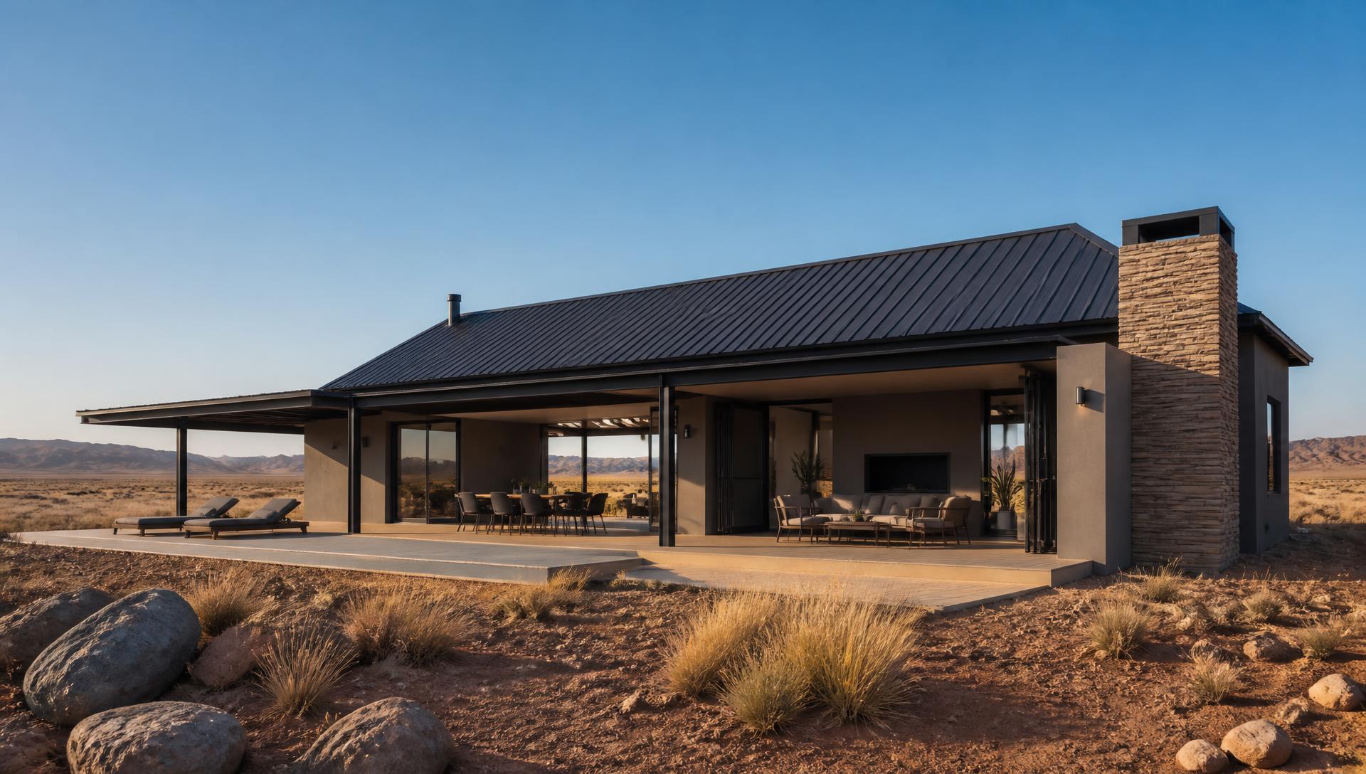 Metal roof on a Namibian home under a clear desert sky